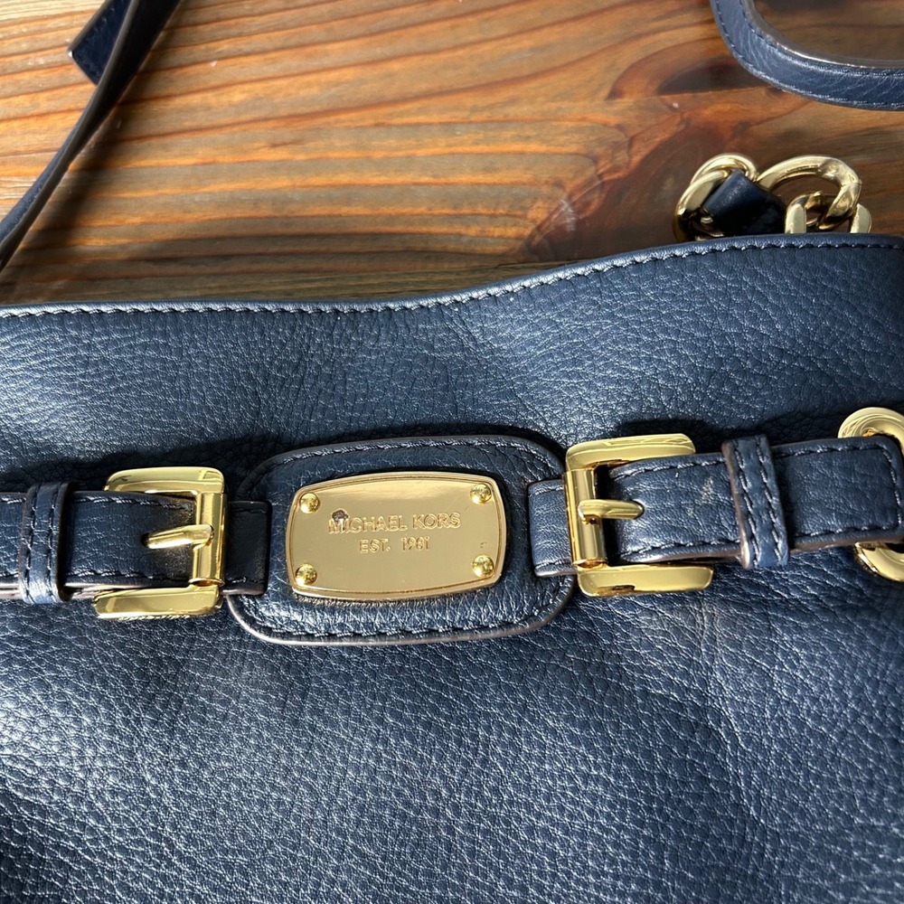 Michael‎ Michael Kors Navy blue Hamilton pebbled Leather Crossbody Bag Gold - Picture 2 of 13